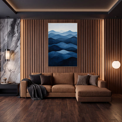Pale Sky Indigo Ridges Minimalist wall art in an elegant modern room – abstract layered hills in deep navy to pale