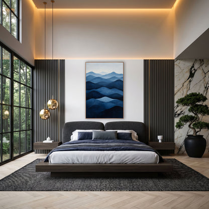 Pale Sky Indigo Ridges Minimalist wall art in an elegant modern room – abstract layered hills in deep navy to pale