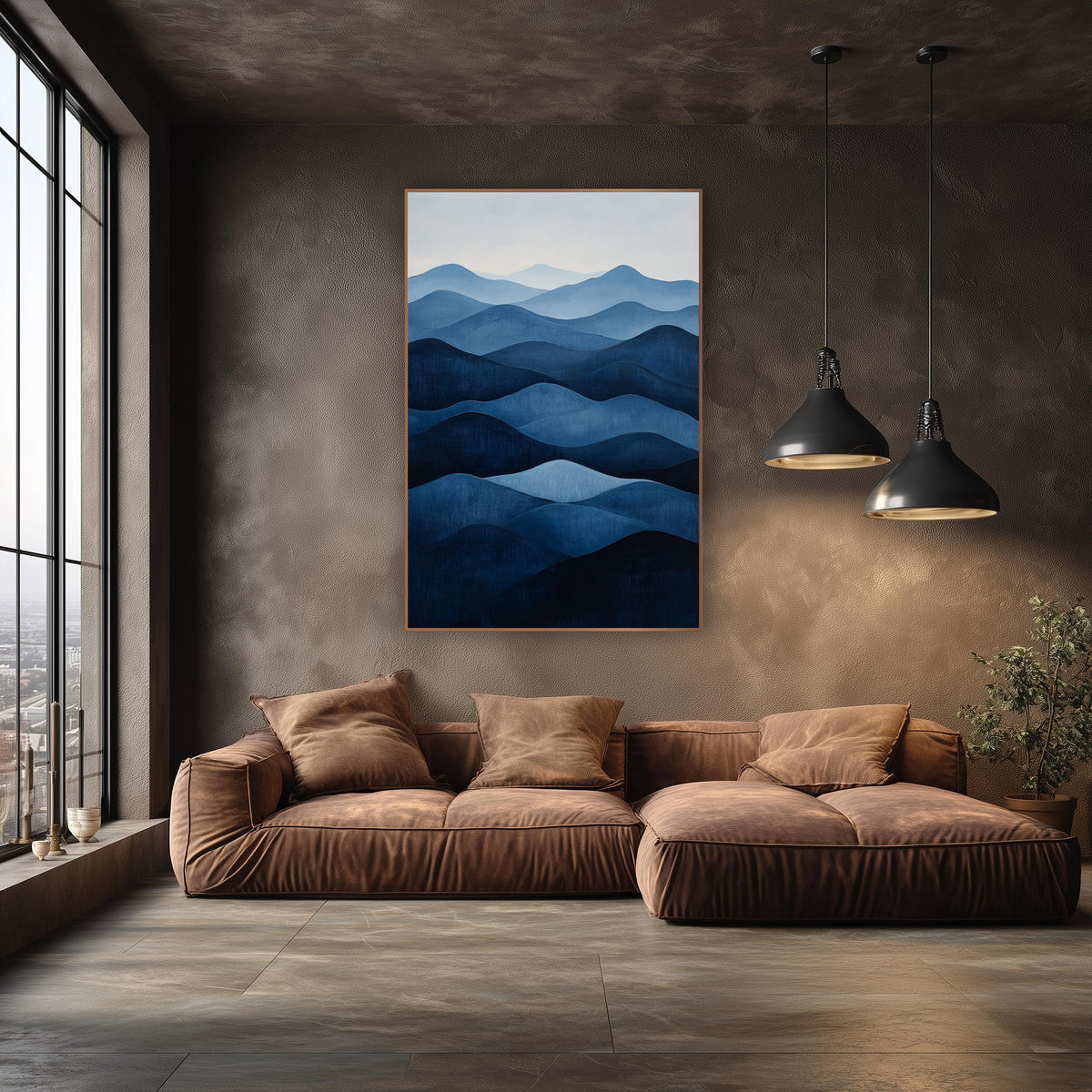 Pale Sky Indigo Ridges Minimalist wall art in an elegant modern room – abstract layered hills in deep navy to pale