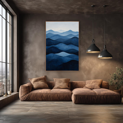 Pale Sky Indigo Ridges Minimalist wall art in an elegant modern room – abstract layered hills in deep navy to pale