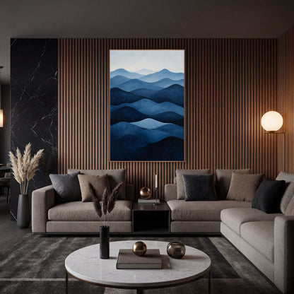 Pale Sky Indigo Ridges Minimalist wall art in an elegant modern room – abstract layered hills in deep navy to pale