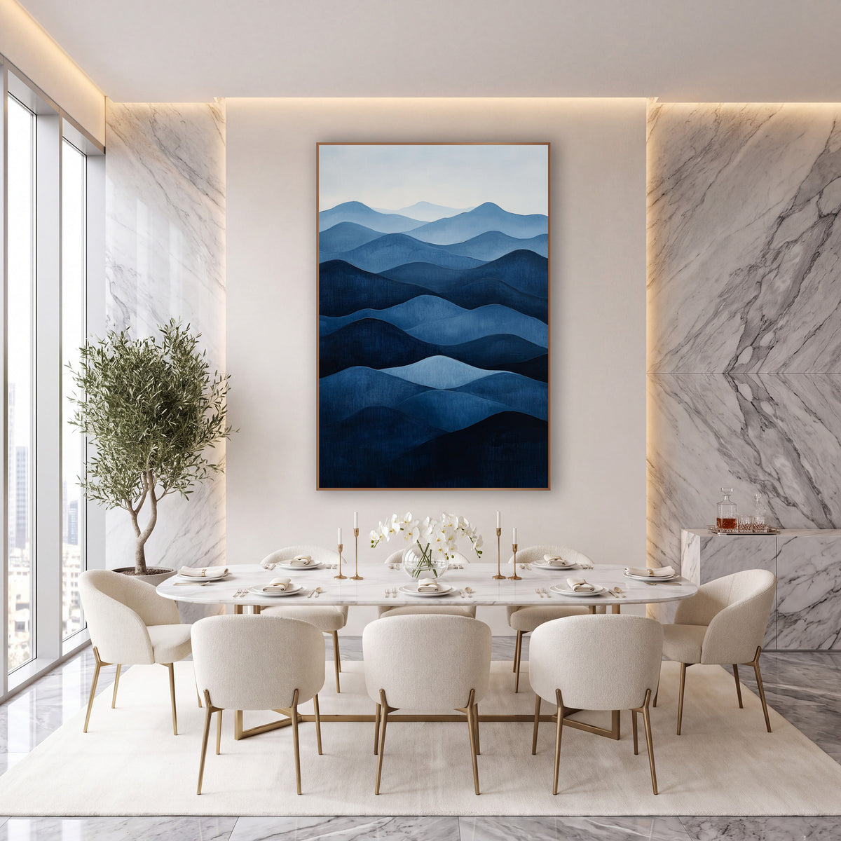 Pale Sky Indigo Ridges Minimalist wall art in an elegant modern room – abstract layered hills in deep navy to pale