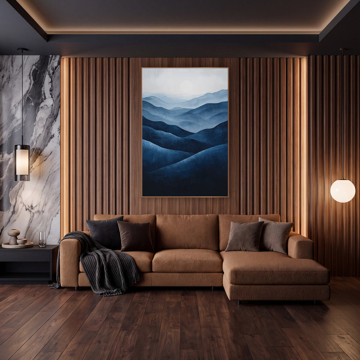 Layered Indigo Hills Landscape Abstract wall art in an elegant modern room – layered navy and indigo hills fading