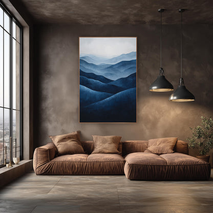 Layered Indigo Hills Landscape Abstract wall art in an elegant modern room – layered navy and indigo hills fading