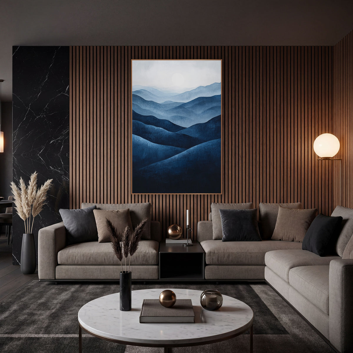 Layered Indigo Hills Landscape Abstract wall art in an elegant modern room – layered navy and indigo hills fading