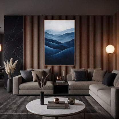 Layered Indigo Hills Landscape Abstract wall art in an elegant modern room – layered navy and indigo hills fading