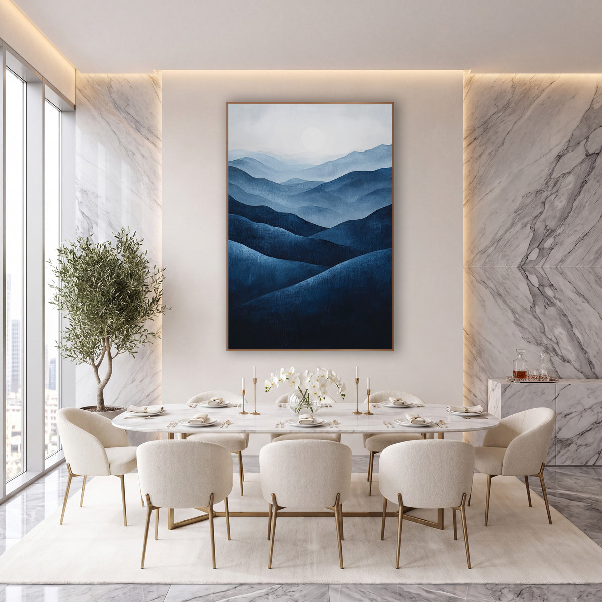 Layered Indigo Hills Landscape Abstract wall art in an elegant modern room – layered navy and indigo hills fading