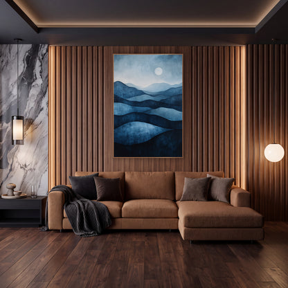Indigo Layered Hills Moonlit Landscape wall art in an elegant modern room – layered indigo and navy hills fading
