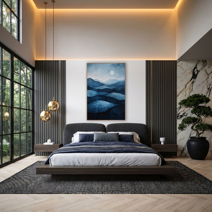 Indigo Layered Hills Moonlit Landscape wall art in an elegant modern room – layered indigo and navy hills fading