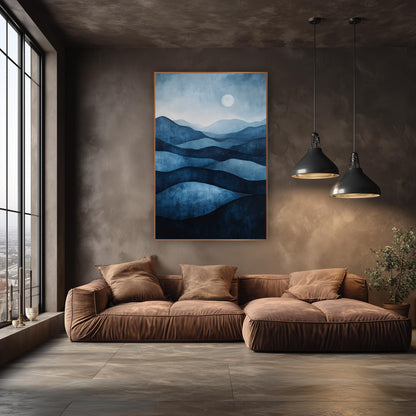 Indigo Layered Hills Moonlit Landscape wall art in an elegant modern room – layered indigo and navy hills fading