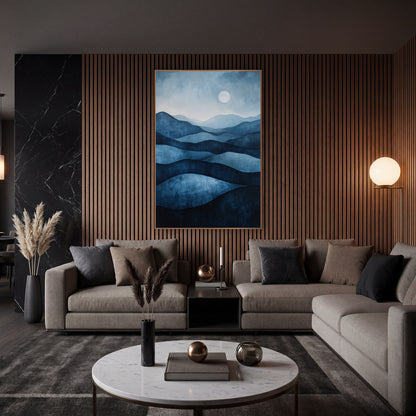 Indigo Layered Hills Moonlit Landscape wall art in an elegant modern room – layered indigo and navy hills fading