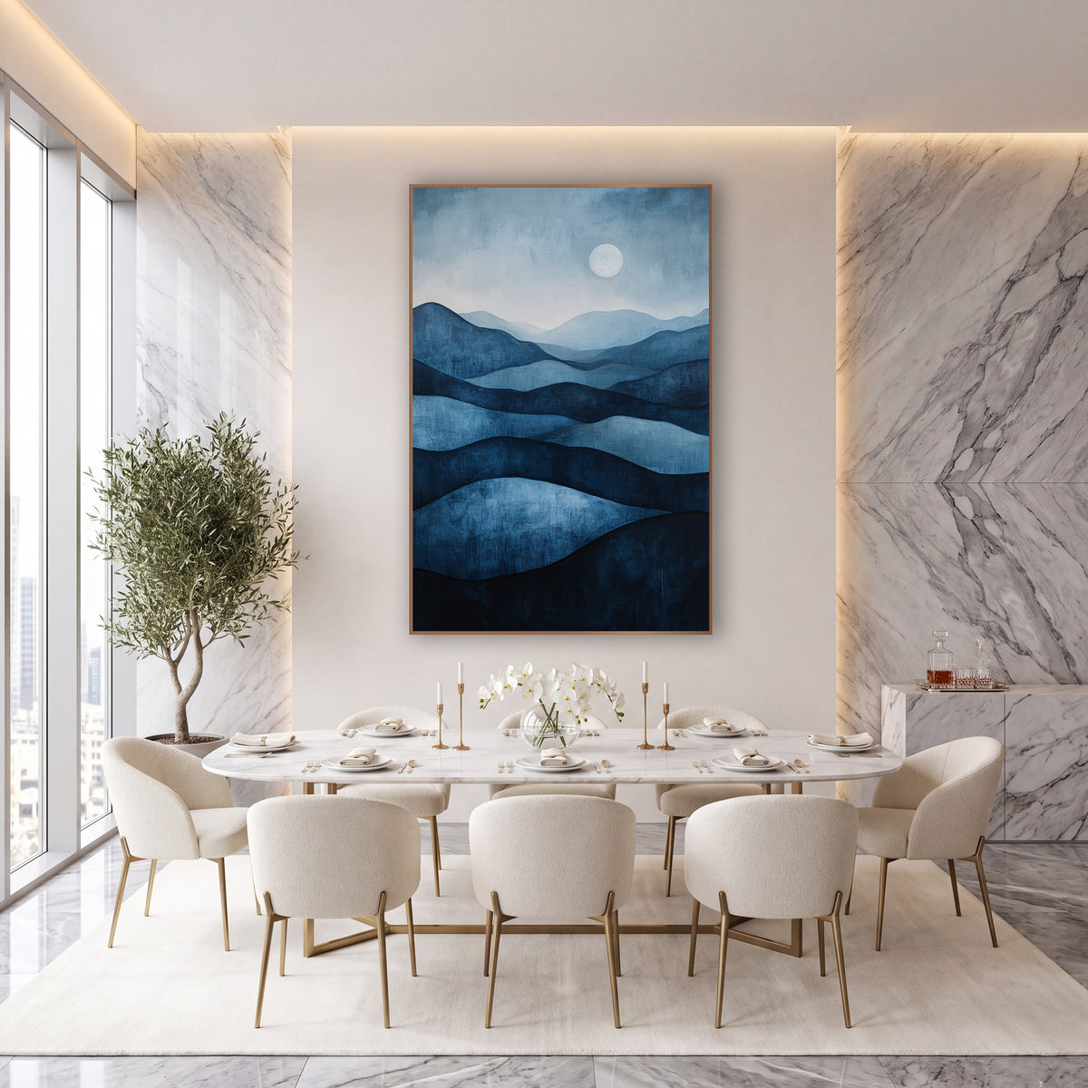 Indigo Layered Hills Moonlit Landscape wall art in an elegant modern room – layered indigo and navy hills fading