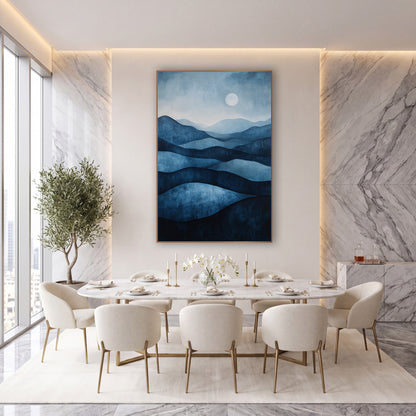 Indigo Layered Hills Moonlit Landscape wall art in an elegant modern room – layered indigo and navy hills fading
