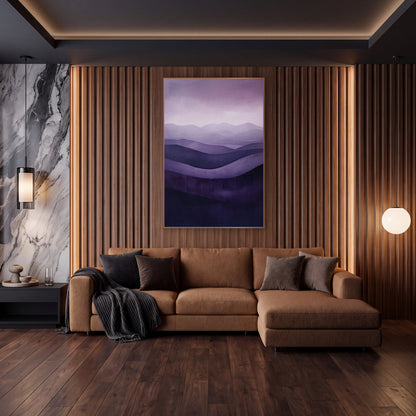Plum Rolling Waves Abstract Landscape wall art in an elegant modern room – abstract landscape of layered rolling hills