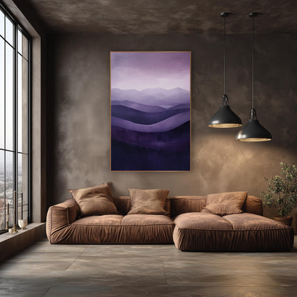 Plum Rolling Waves Abstract Landscape wall art in an elegant modern room – abstract landscape of layered rolling hills