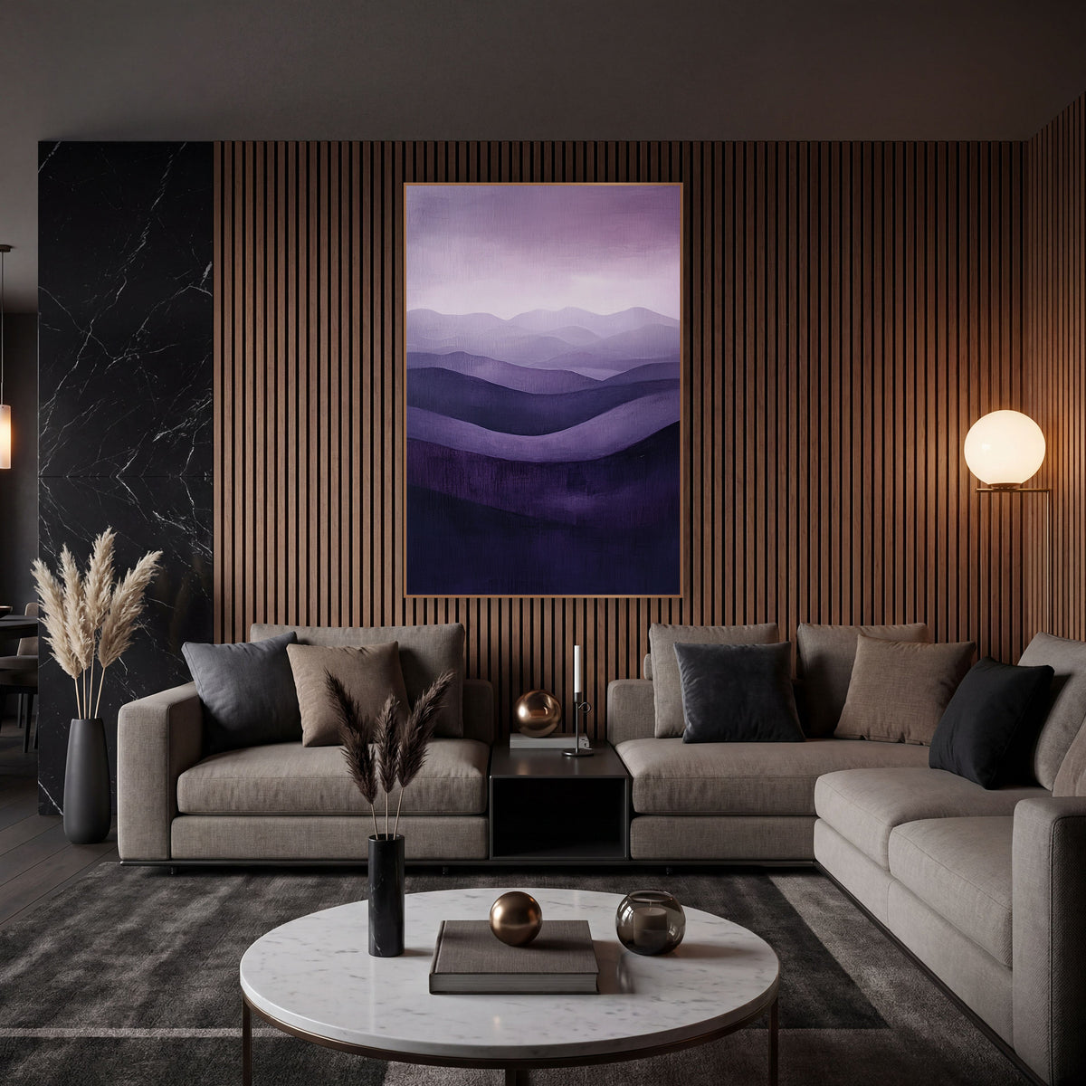 Plum Rolling Waves Abstract Landscape wall art in an elegant modern room – abstract landscape of layered rolling hills