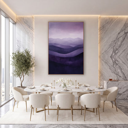 Plum Rolling Waves Abstract Landscape wall art in an elegant modern room – abstract landscape of layered rolling hills