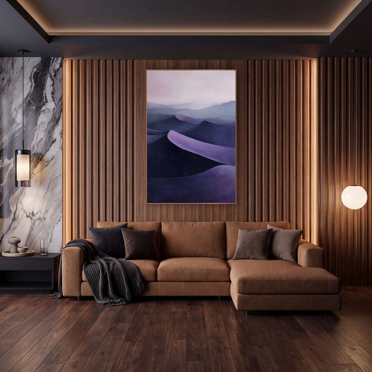 Violet Layered Dunes Atmospheric wall art in an elegant modern room – layered dunes in deep violet and lilac