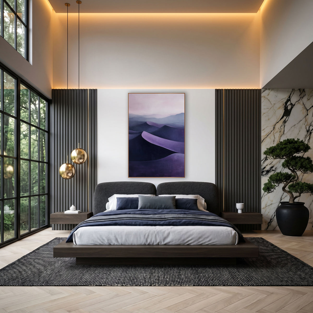 Violet Layered Dunes Atmospheric wall art in an elegant modern room – layered dunes in deep violet and lilac