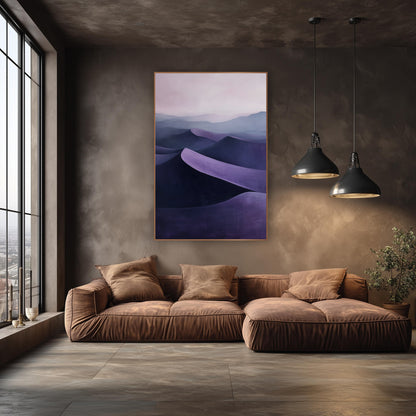 Violet Layered Dunes Atmospheric wall art in an elegant modern room – layered dunes in deep violet and lilac