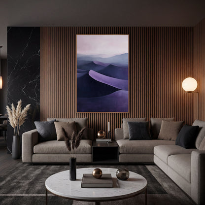 Violet Layered Dunes Atmospheric wall art in an elegant modern room – layered dunes in deep violet and lilac