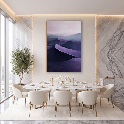 Violet Layered Dunes Atmospheric wall art in an elegant modern room – layered dunes in deep violet and lilac