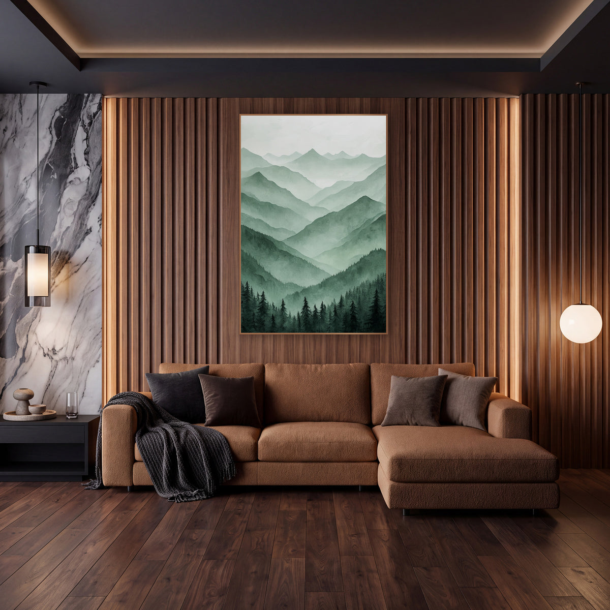 Misty Green Mountain Ranges Landscape wall art in an elegant modern room – layered green mountain ridges fading