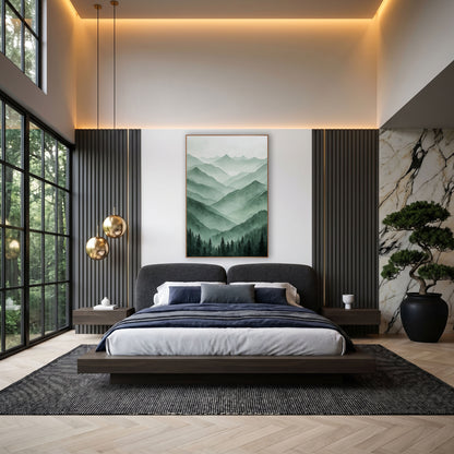 Misty Green Mountain Ranges Landscape wall art in an elegant modern room – layered green mountain ridges fading