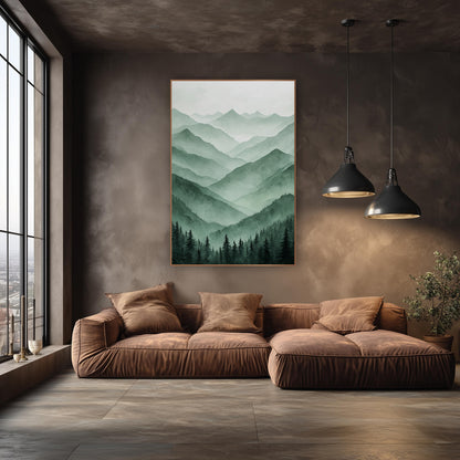 Misty Green Mountain Ranges Landscape wall art in an elegant modern room – layered green mountain ridges fading