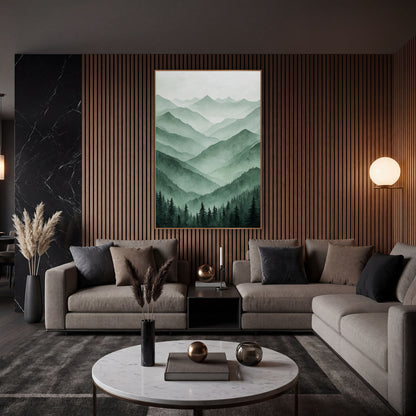 Misty Green Mountain Ranges Landscape wall art in an elegant modern room – layered green mountain ridges fading
