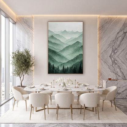 Misty Green Mountain Ranges Landscape wall art in an elegant modern room – layered green mountain ridges fading