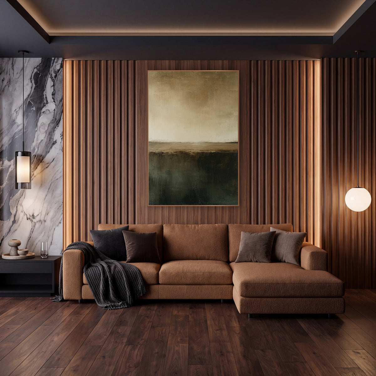 Olive Brown Horizon Abstract Minimalist wall art in an elegant modern room – abstract horizon in cream and tan above