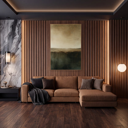 Olive Brown Horizon Abstract Minimalist wall art in an elegant modern room – abstract horizon in cream and tan above