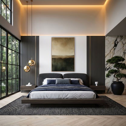 Olive Brown Horizon Abstract Minimalist wall art in an elegant modern room – abstract horizon in cream and tan above