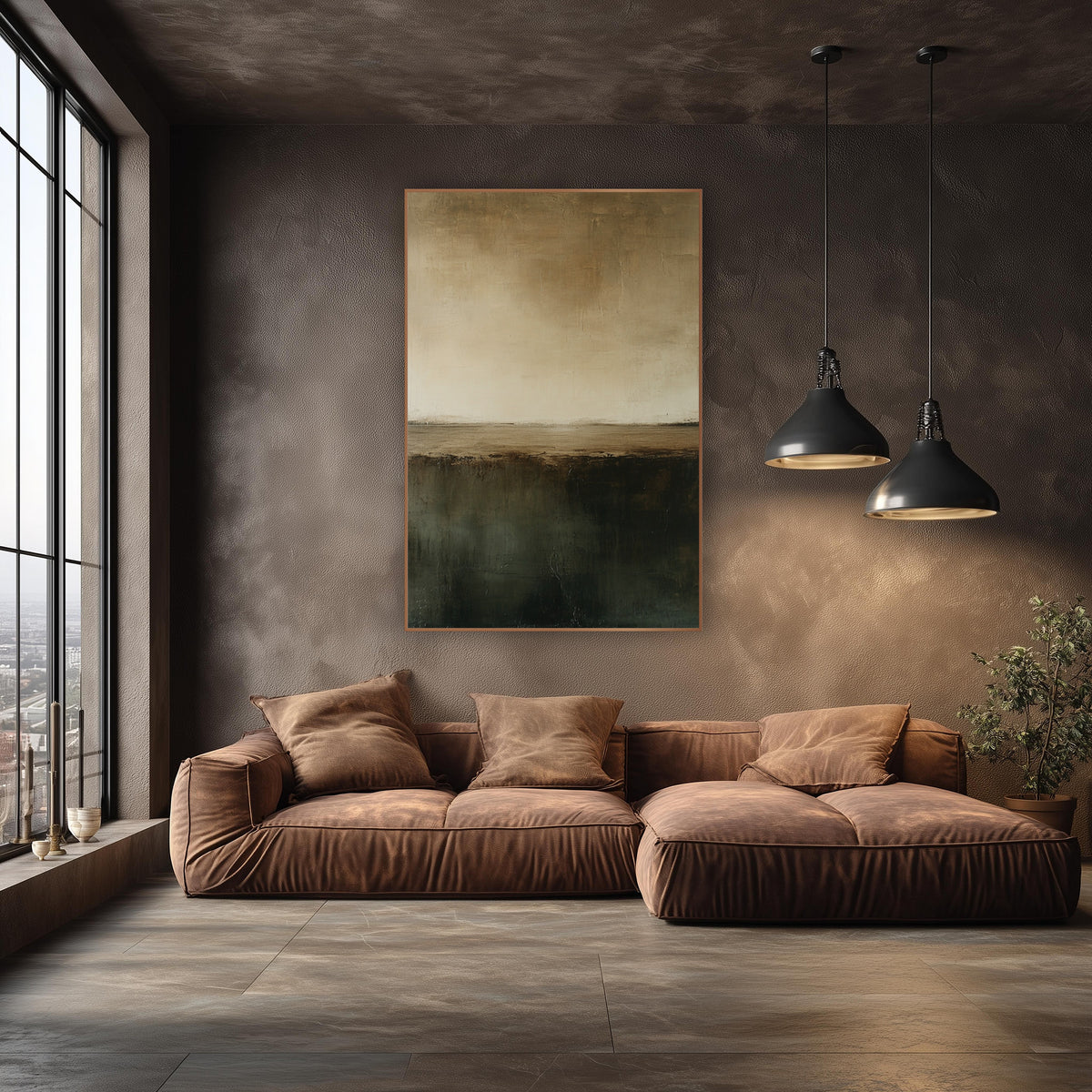 Olive Brown Horizon Abstract Minimalist wall art in an elegant modern room – abstract horizon in cream and tan above