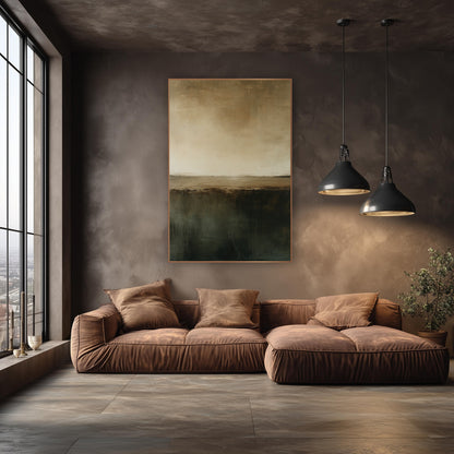 Olive Brown Horizon Abstract Minimalist wall art in an elegant modern room – abstract horizon in cream and tan above
