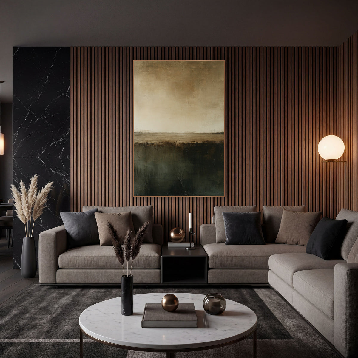 Olive Brown Horizon Abstract Minimalist wall art in an elegant modern room – abstract horizon in cream and tan above