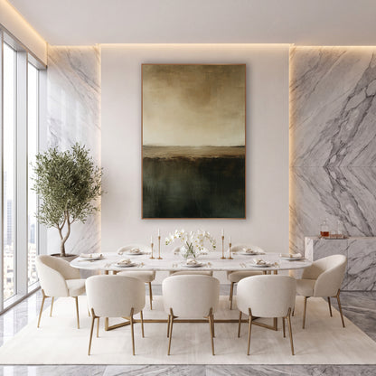 Olive Brown Horizon Abstract Minimalist wall art in an elegant modern room – abstract horizon in cream and tan above