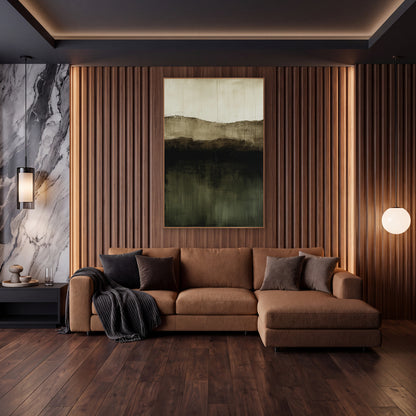 Olive Black Layered Abstract Landscape wall art in an elegant modern room – abstract landscape of stacked cream
