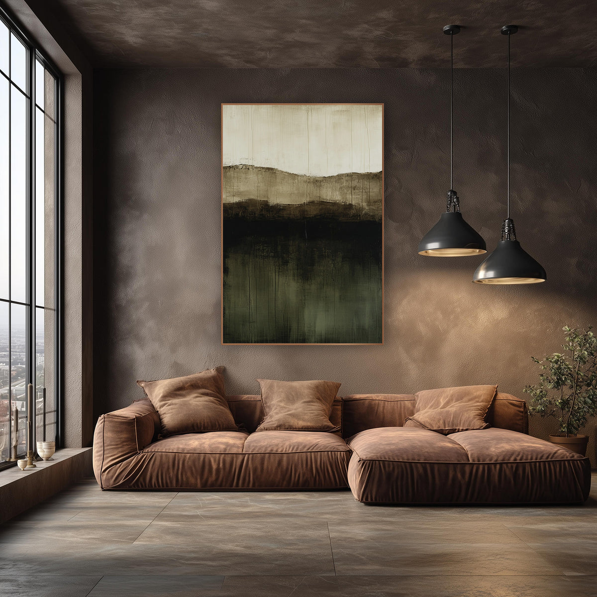 Olive Black Layered Abstract Landscape wall art in an elegant modern room – abstract landscape of stacked cream