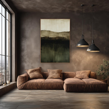 Olive Black Layered Abstract Landscape wall art in an elegant modern room – abstract landscape of stacked cream