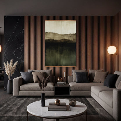 Olive Black Layered Abstract Landscape wall art in an elegant modern room – abstract landscape of stacked cream
