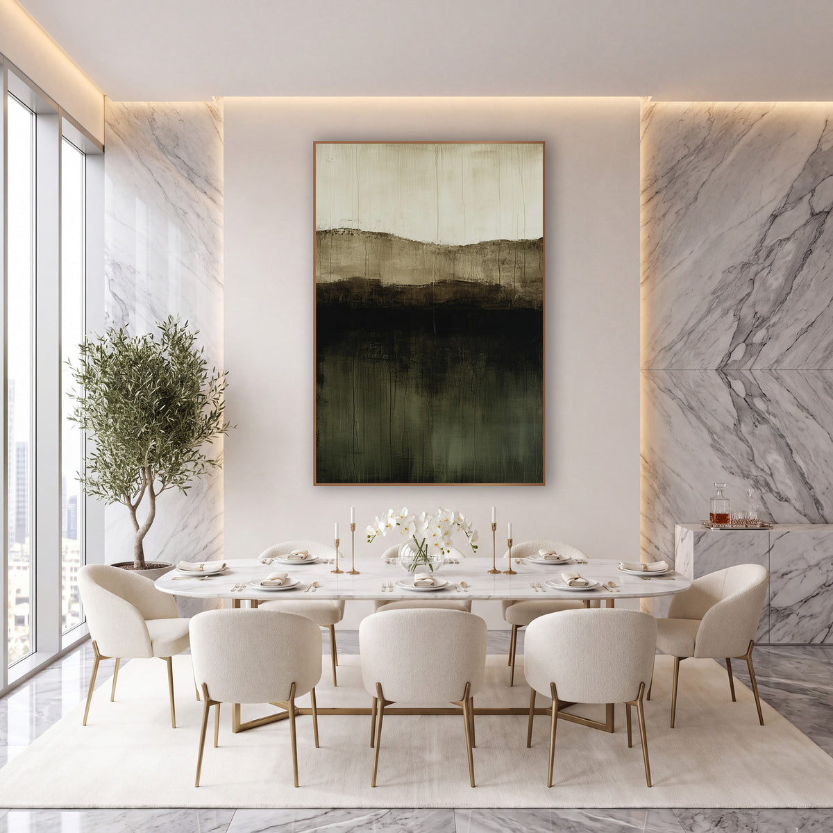 Olive Black Layered Abstract Landscape wall art in an elegant modern room – abstract landscape of stacked cream