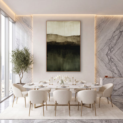 Olive Black Layered Abstract Landscape wall art in an elegant modern room – abstract landscape of stacked cream