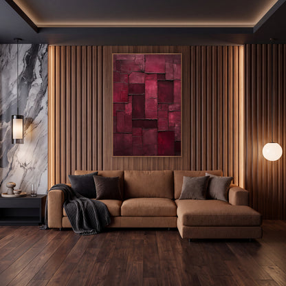 Burgundy Rectangle Patchwork Abstract wall art in an elegant modern room – abstract burgundy and raspberry rectangles
