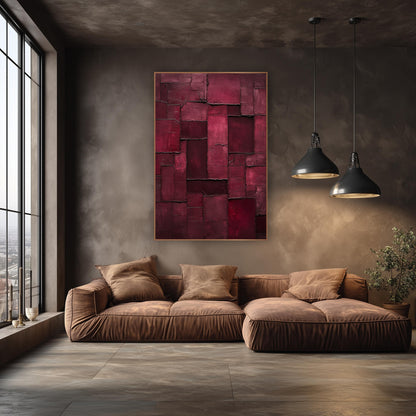 Burgundy Rectangle Patchwork Abstract wall art in an elegant modern room – abstract burgundy and raspberry rectangles