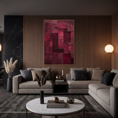 Burgundy Rectangle Patchwork Abstract wall art in an elegant modern room – abstract burgundy and raspberry rectangles