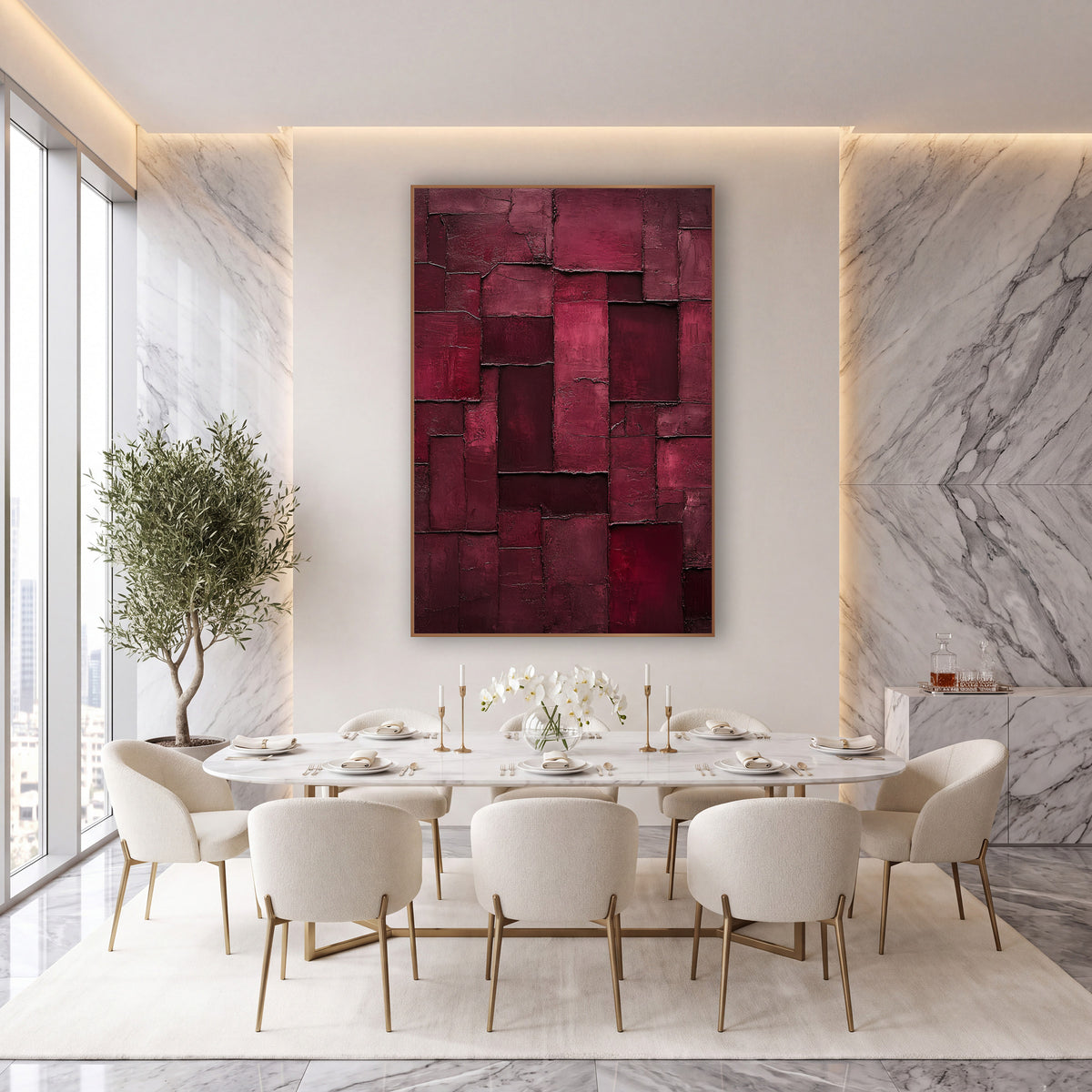 Burgundy Rectangle Patchwork Abstract wall art in an elegant modern room – abstract burgundy and raspberry rectangles