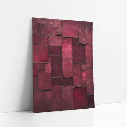 Burgundy Rectangle Patchwork Abstract art print leaning against a white wall – abstract burgundy and raspberry rectangles