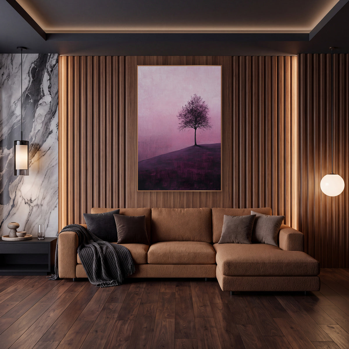 Lone Tree on Plum Hillside wall art in an elegant modern room – lone leafy tree on a plum-colored hillside